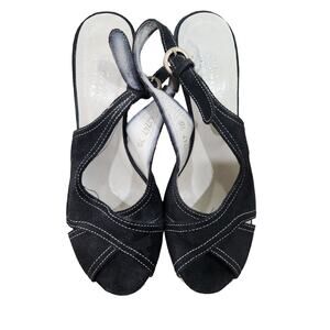 Barneys New York Black Suede Slingback Wedge Sandals Size 38 7.5/8 US Open Toe